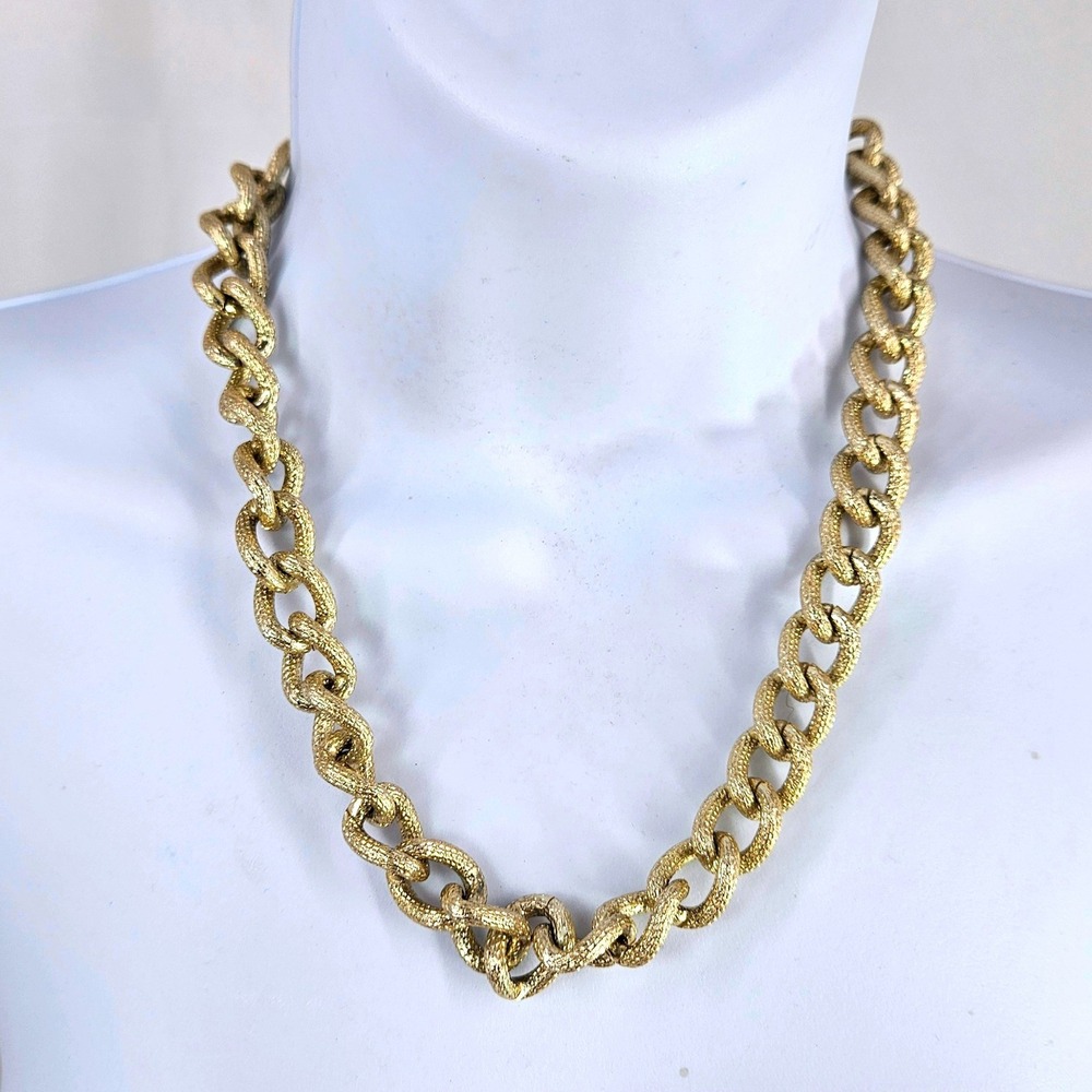Vg Chunky Gold Florentine Textured Curb Link Chain Statement Necklace 18-21 Inch